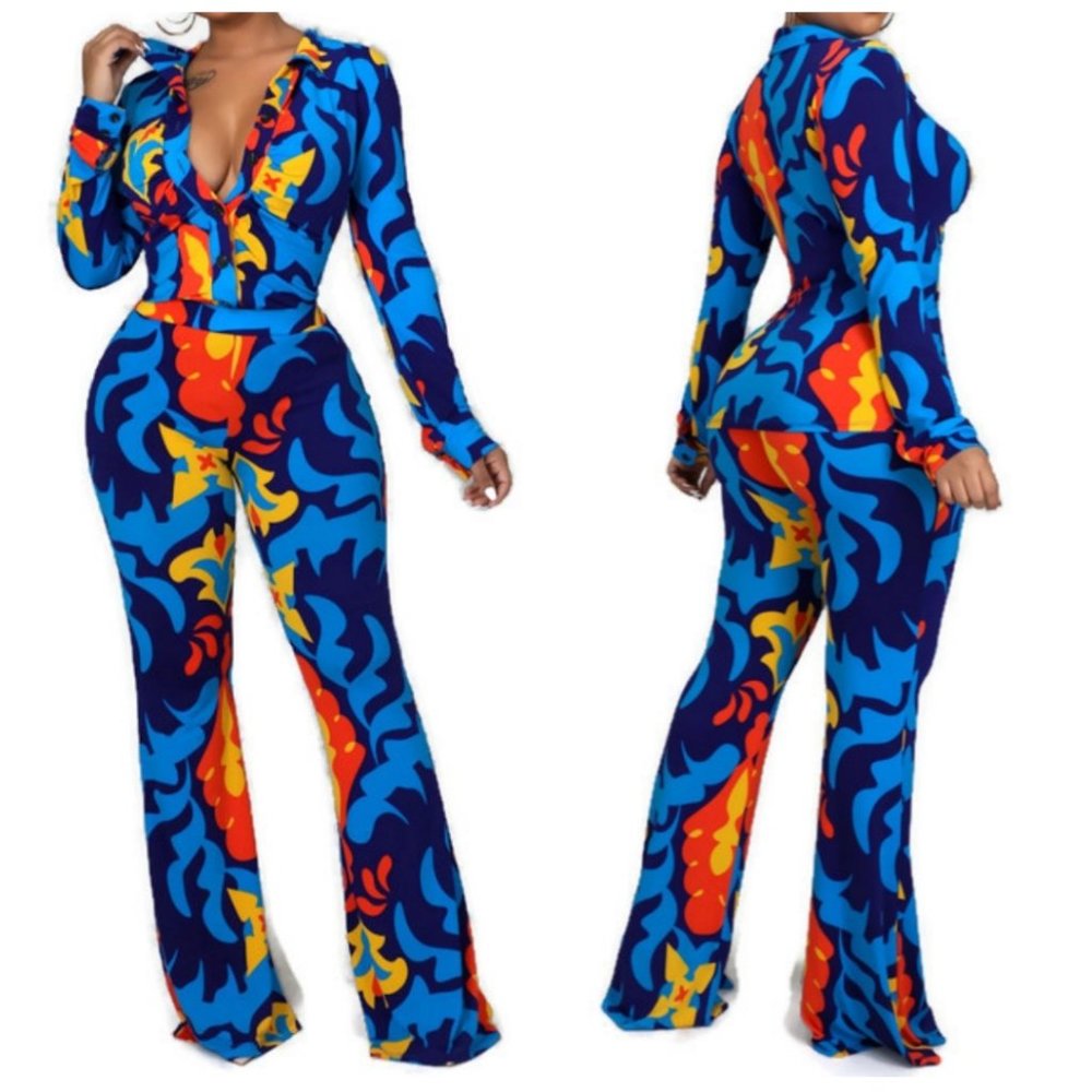 Capri Flaming Love Casual Long Sleeve Blouse Pant Suit